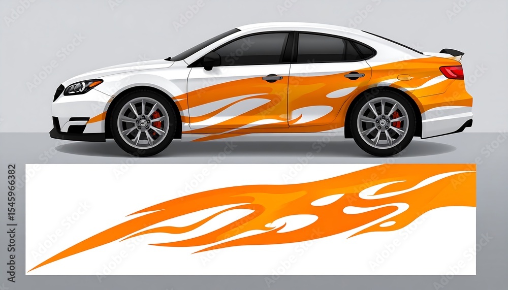Fototapeta premium White car with flame vinyl wrap.
