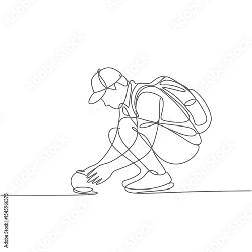 Continuous Line Art Backpacker Examining an Object on the Ground