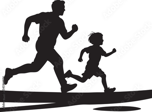 Silhouette of a Father and Son Running Together Enjoying a Fun and Active Day Outdoors in Black and White
