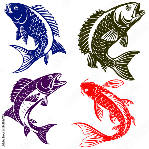Four colorful fish designs on black background