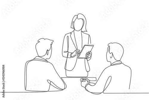 Continuous Line Drawing of Business Meeting with Presenter and Attendees