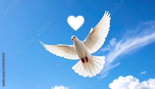 White dove flying in blue sky with heart.
