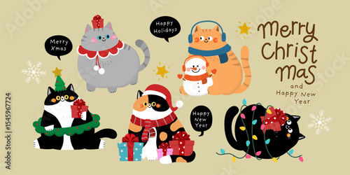 Merry Christmas and happy new year greeting card with cute fluffy cat wear winter costume. Animal holidays cartoon character. Funny kitten set. -vector

