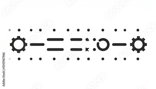 Abstract illustration of a process flow, showing two gears connected by parallel lines and a circular element representing a transformation or transition stage