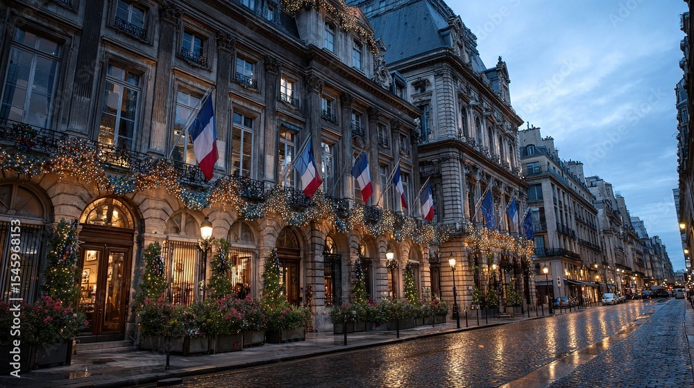 Fototapeta premium Twilight view of a Parisian boulevard with historic buildings and rows of French flags, reflections shimmering on the wet pavement after a summer rain