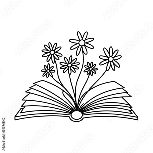 Open Book with Flowers Growing Out of It Line Art