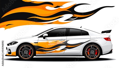 White sports car with flame decals.
