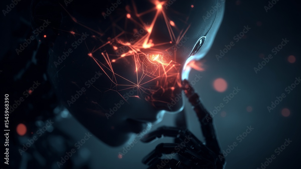 Obraz premium Humanoid robot thinking hard with neural network concept in glowing lines. 