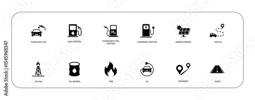 Solid vector icon set containing gas station, charging station, hydrogen fuel station, oil, transport, energy.