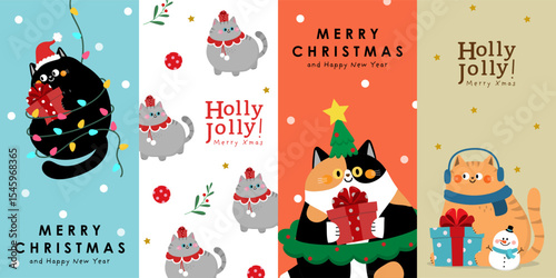 Merry Christmas and happy new year greeting card with cute fluffy cat wear winter costume. Animal holidays cartoon character. Funny kitten set. -vector
