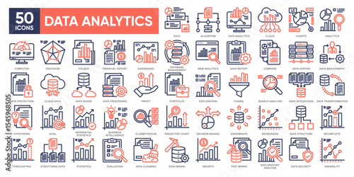 Data analytics icon set. Editable stroke illustration. Vector ui and web icon.