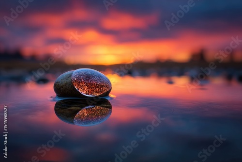 A smooth, partially ice-covered rock rests in shallow water, reflecting a vibrant sunset's fiery hues