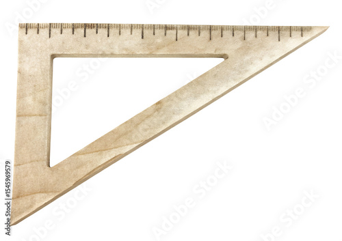 Wooden triangle ruler with measurements on transparent background.