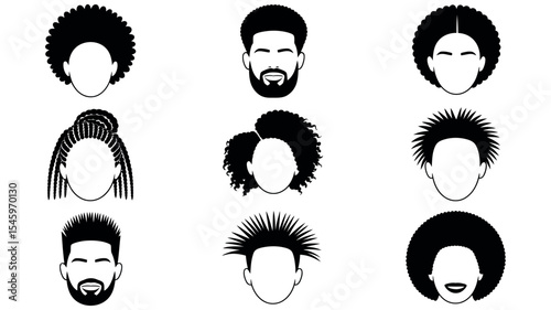 Vector set of african american hairstyle silhouettes with diverse curly textured and braided hair styles
