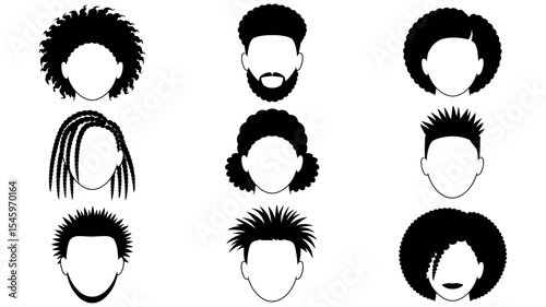 Vector set of african american hairstyle silhouettes with diverse curly textured and braided hair styles
