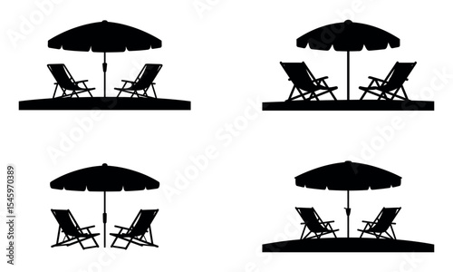 Beach chair and umbrella silhouette icons representing summer vacation and relaxation




