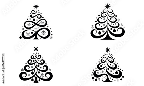 Decorative christmas tree icons in black style with swirls and snowflake ornaments
