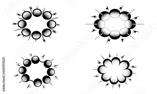 Set of comic style explosion icons with circular impact rays and energy blast effects
