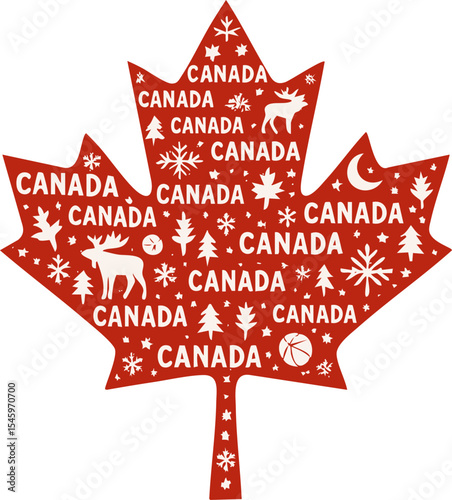 Creative maple leaf design featuring Canada theme with nature and wildlife elements in vibrant red