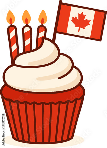 Fun red and white cupcake with candles and Canadian flag for celebratory occasion