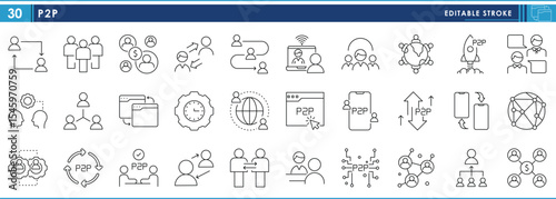 A set of line icons related to P2P. People, friends, connection, business, linkage, money, chat, and so on. Vector editable stroke.