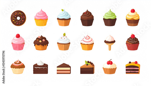 A vibrant collection of assorted sweet treats, including cupcakes with diverse frostings and toppings, a donut, and cake slices showcasing layered textures and colorful decorations