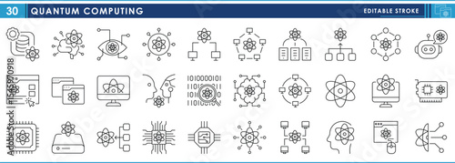 A set of line icons related to Quantum Computing. Quantum, science, digital, processor, connection, technology, database, and so on. Vector editable stroke.