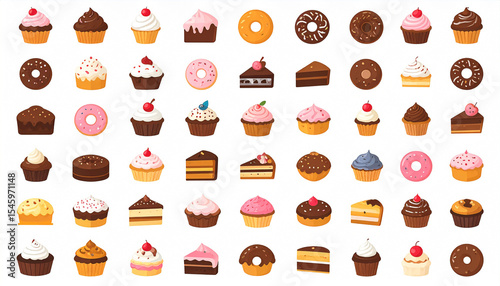 A colorful array of cartoon cupcakes, donuts, and cake slices, featuring various frostings, sprinkles, and cherries, presented on a white background in a grid-like arrangement