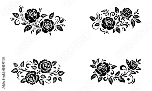 Black rose flower ornamental vector designs with swirls and decorative leaves
