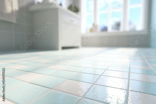 Sunlight illuminates a serene bathroom with light blue tiles and shimmering water in a calming atmosphere