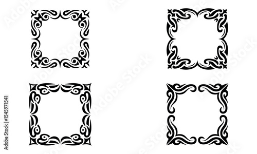 Square ornamental frames with decorative corner patterns in black vector style
