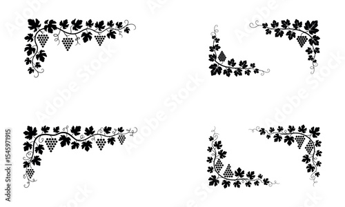 Corner border designs with grapevine leaves and grape bunches in vector silhouette
