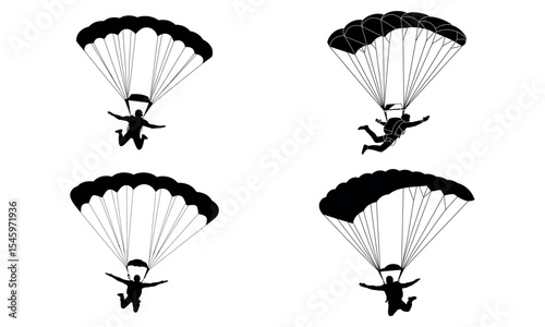 Silhouettes of skydivers with parachutes in action jump vector illustration
