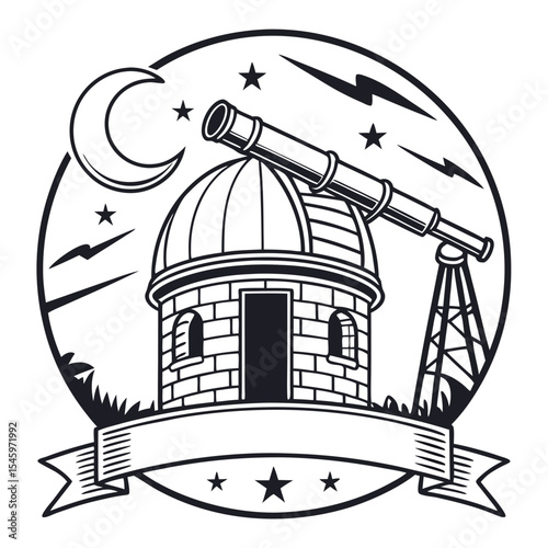 Night sky observatory illustration with telescope and crescent moon