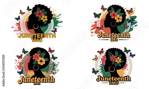 Juneteenth celebration design with afro woman, butterflies and colorful heritage theme
