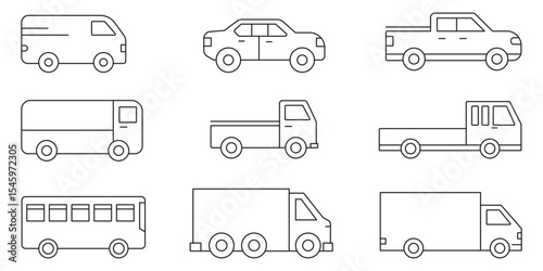 Simple line set of car icons set .  Line art illustrations of various types of vehicles including cars, trucks, and buses in a minimalist style .  
