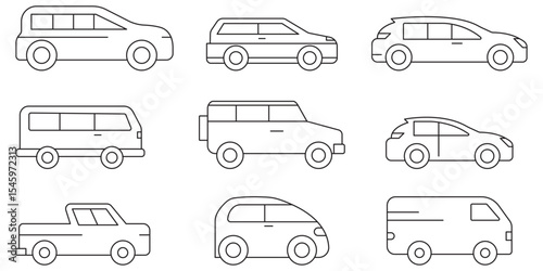 car vector line icons set . different vector car types linear silhouettes, car logo deign templates . 