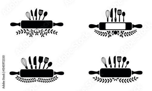 Baking utensil set with rolling pin and kitchen tools in black silhouette style
