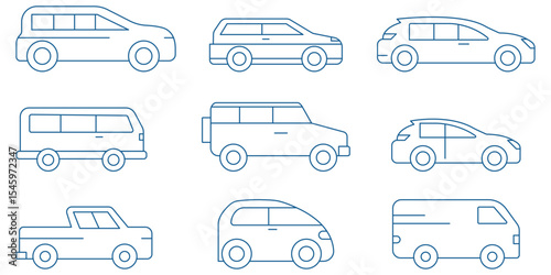car vector line icons set . different vector car types linear silhouettes, car logo deign templates . 