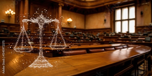 Bioethics in Gene Concept. Elegant courtroom setting with symbol of justice and balance, representing fairness and law in society photo