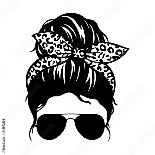 Messy bun woman with leopard hair bow and sunglasses svg cut file. Isolated vector illustration.