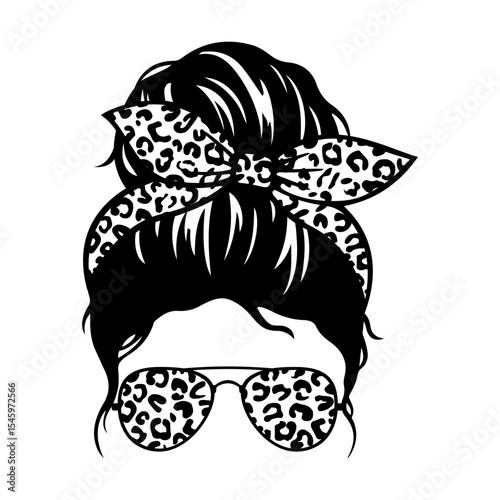 Messy bun woman with leopard hair bow and sunglasses svg cut file. Isolated vector illustration.
