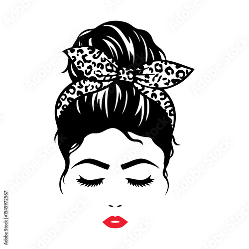 Messy bun woman with leopard hair bow svg cut file. Isolated vector illustration.
