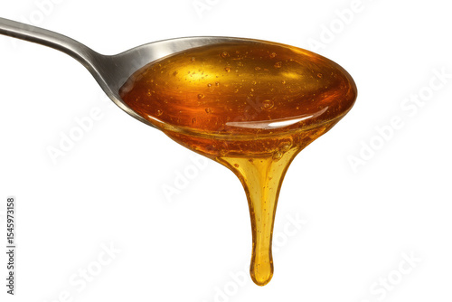 Golden honey streaming down wooden spoon, showcasing rich amber liquid flowing with smooth, glossy consistency against clean backdrop