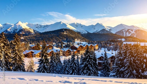 Winter Village in Mountains with Snow.
