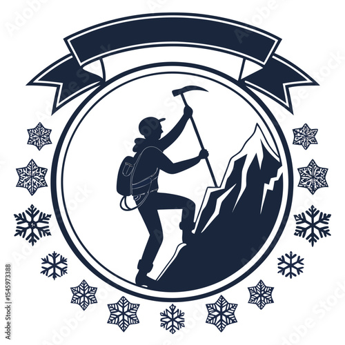 Silhouette of a climber scaling a mountain peak with ice crystals