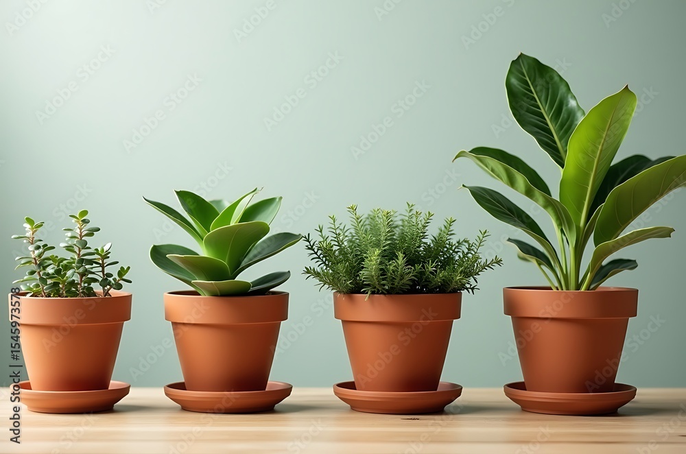 Fototapeta premium Small potted plants natural decor wood table ai generated