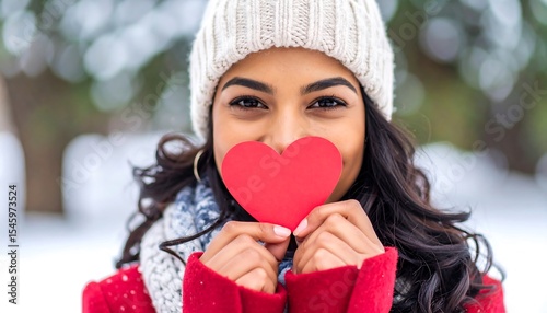 Woman holding heart in winter outdoors.