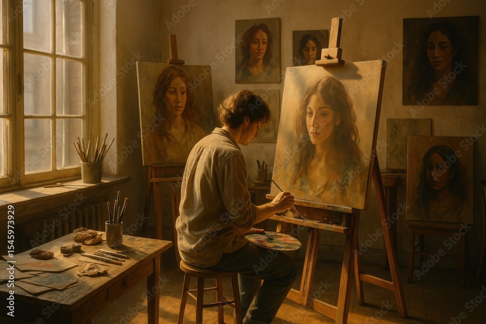 Fototapeta premium Artist painting a classical portrait of a woman in a warm-lit studio filled with completed canvases, evoking creativity, introspection, and timeless artistic process.