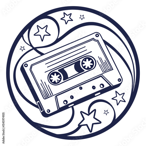 Retro cassette tape with swirling stars design element